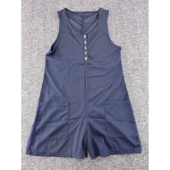 Pants - Waffle Knit Henley Romper Navy Blue Sleeveless Pocketed Jumpsuit Women Large